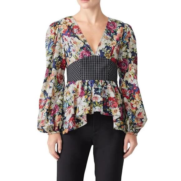 Petersyn Dallas Top Floral Long Puff Sleeve Peplum 100% Cotton Multicolor Size L - Picture 1 of 10
